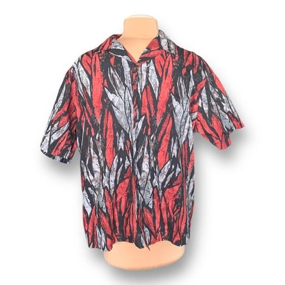 Vintage Shirt Red Black Abstract Short Sleeve Boxy Camp Collar Hawaiian Printed - Picture 12 of 12